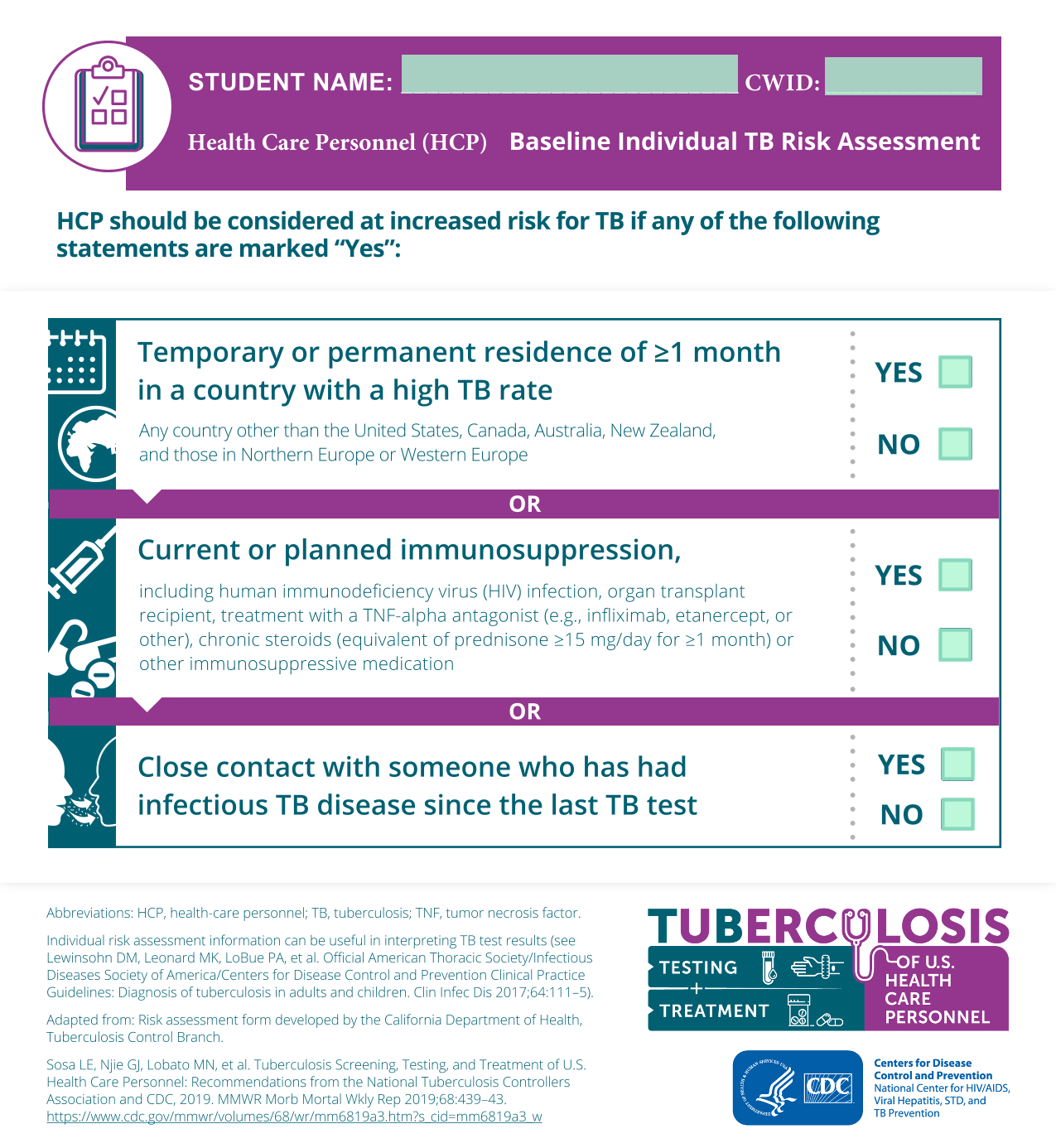 Health Care Personnel (HCP) Baseline Individual TB Risk Assessment screenshot