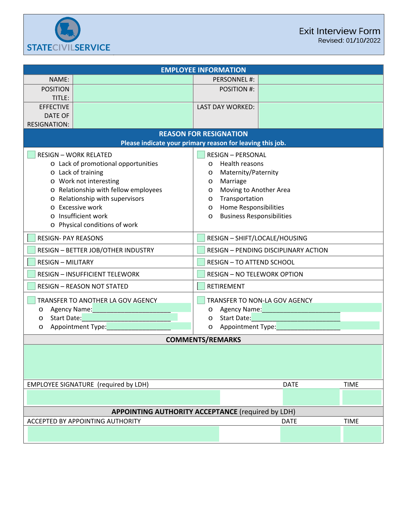Exit Interview Form screenshot