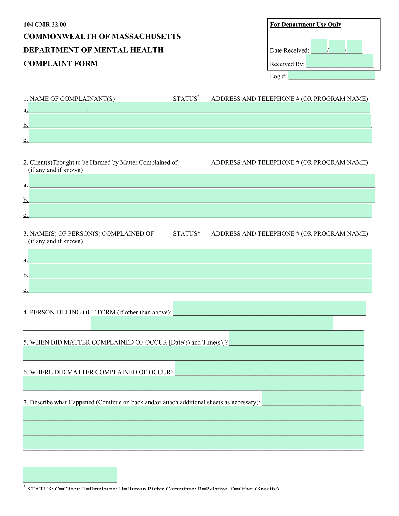 COMPLAINT FORM screenshot
