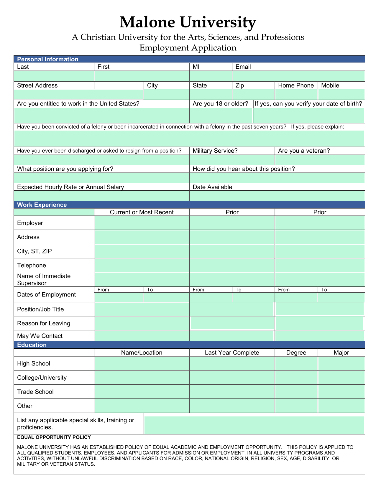 Malone University Employment Application screenshot