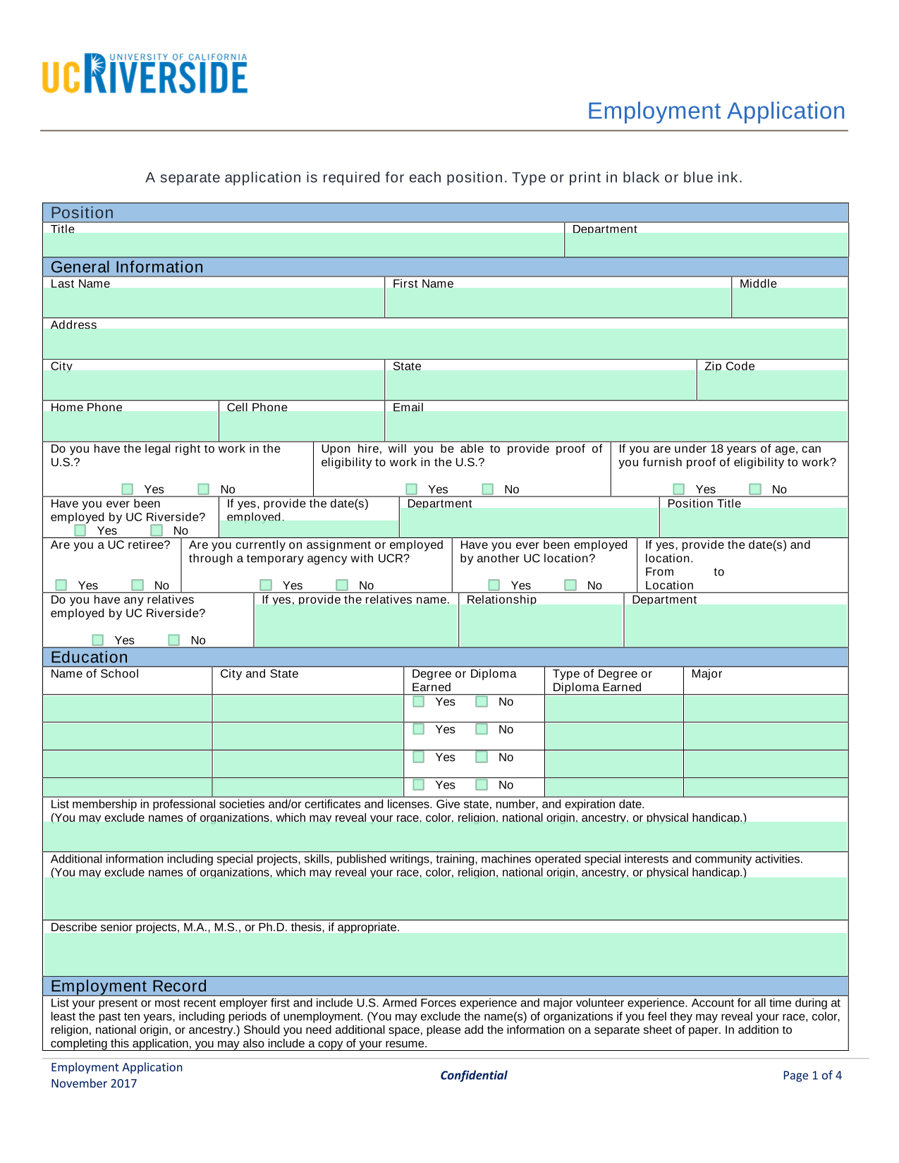 Employment Application screenshot