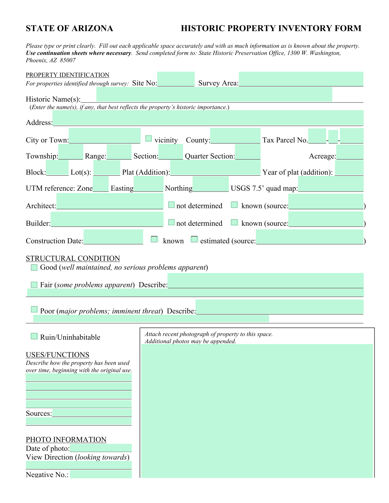 STATE OF ARIZONA HISTORIC PROPERTY INVENTORY FORM screenshot