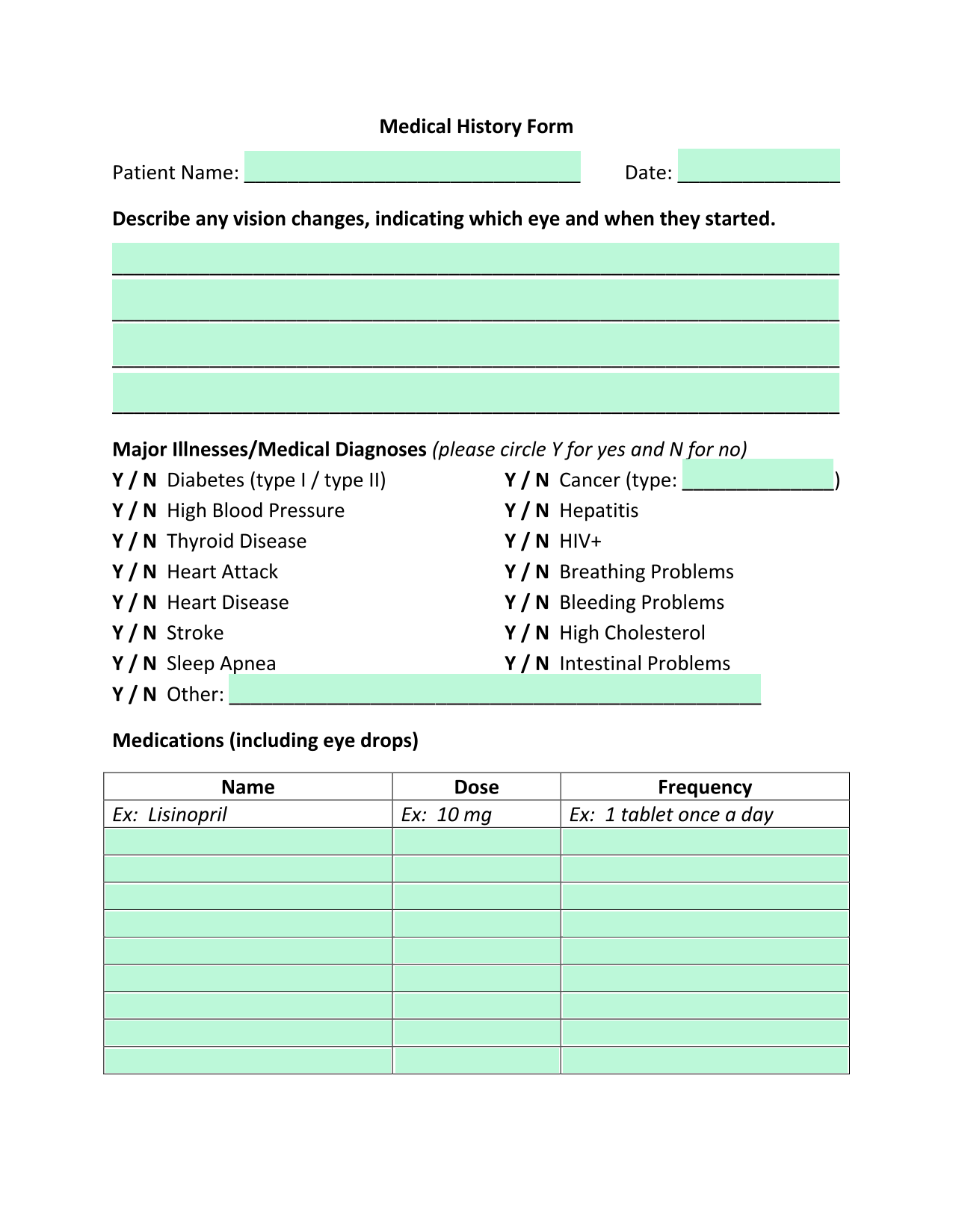 Medical History Form screenshot