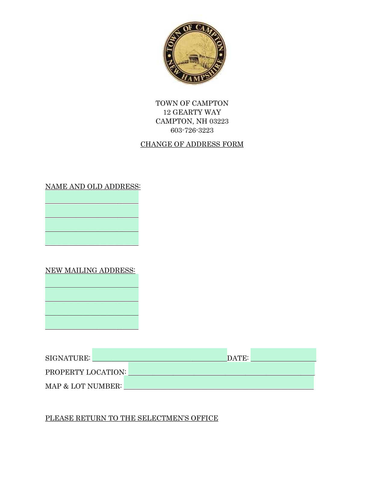 Change Of Address Form screenshot