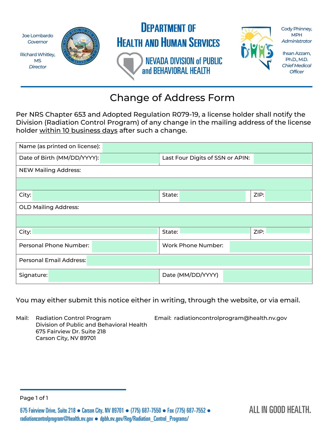 Change Of Address Form screenshot