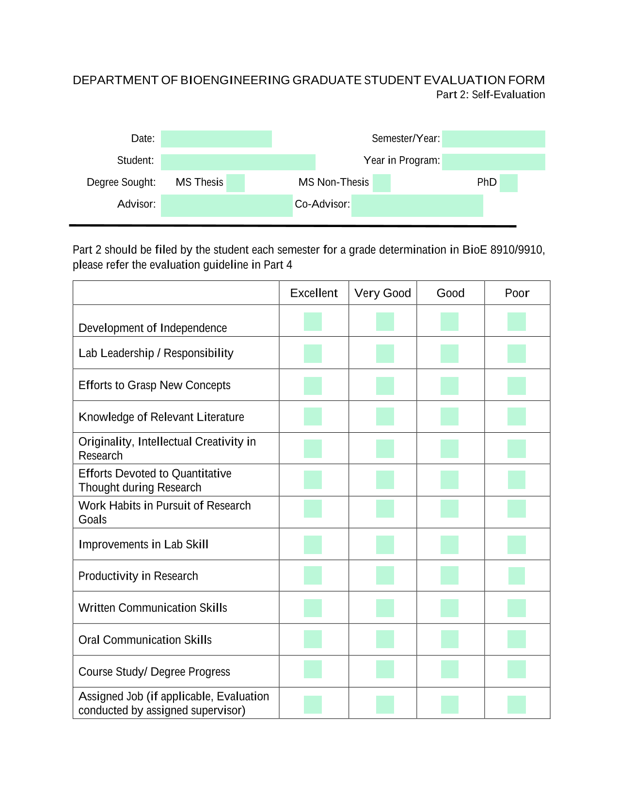DEPARTMENT OF BIOENGINEERING GRADUATE STUDENT EVALUATION FORM screenshot