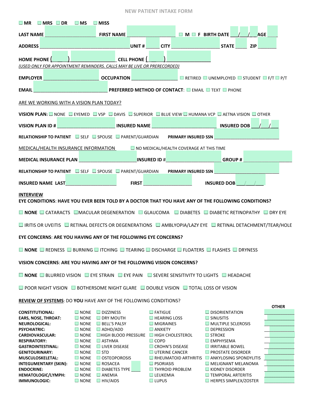 NEW PATIENT INTAKE FORM screenshot