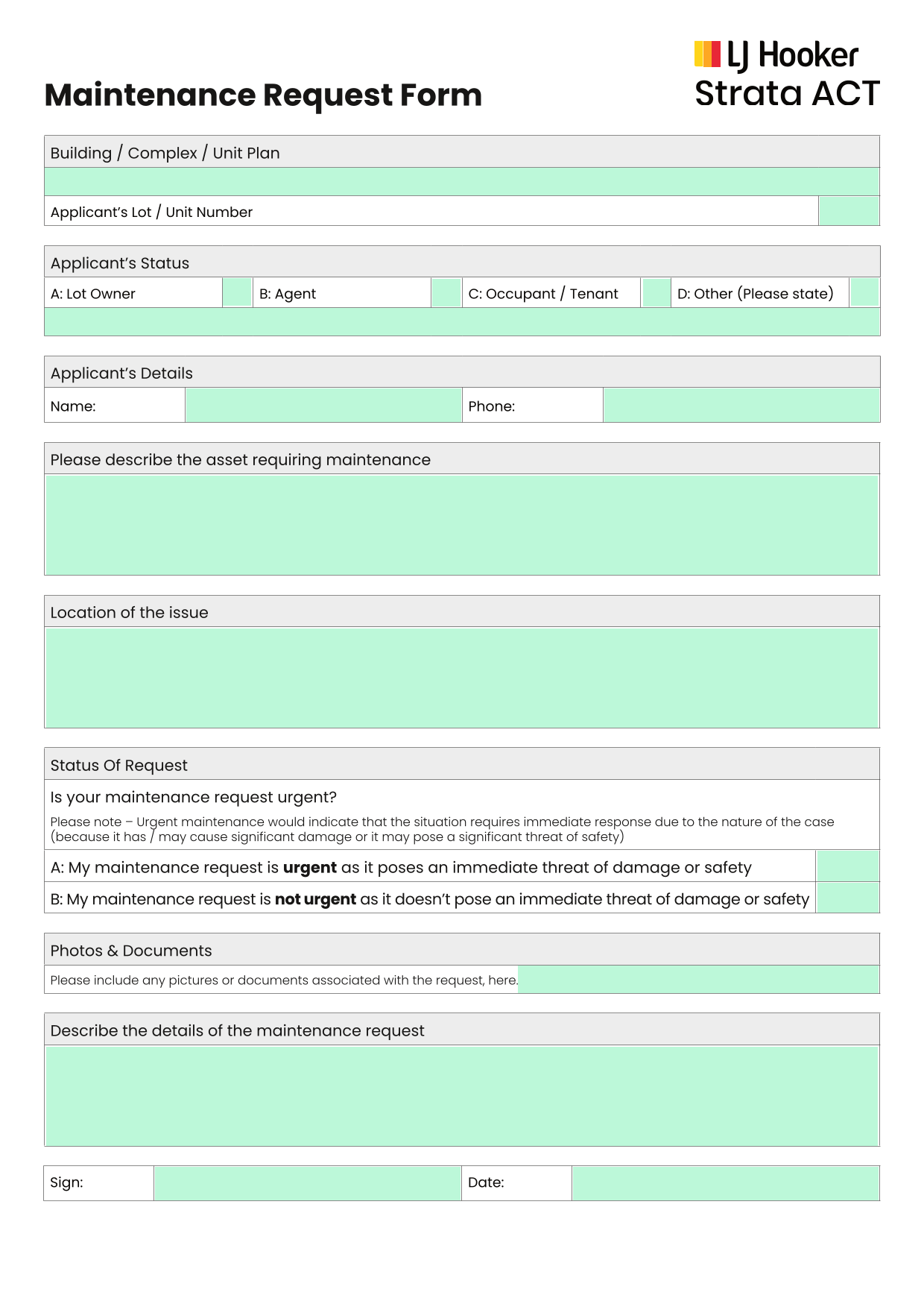 Maintenance Request Form screenshot