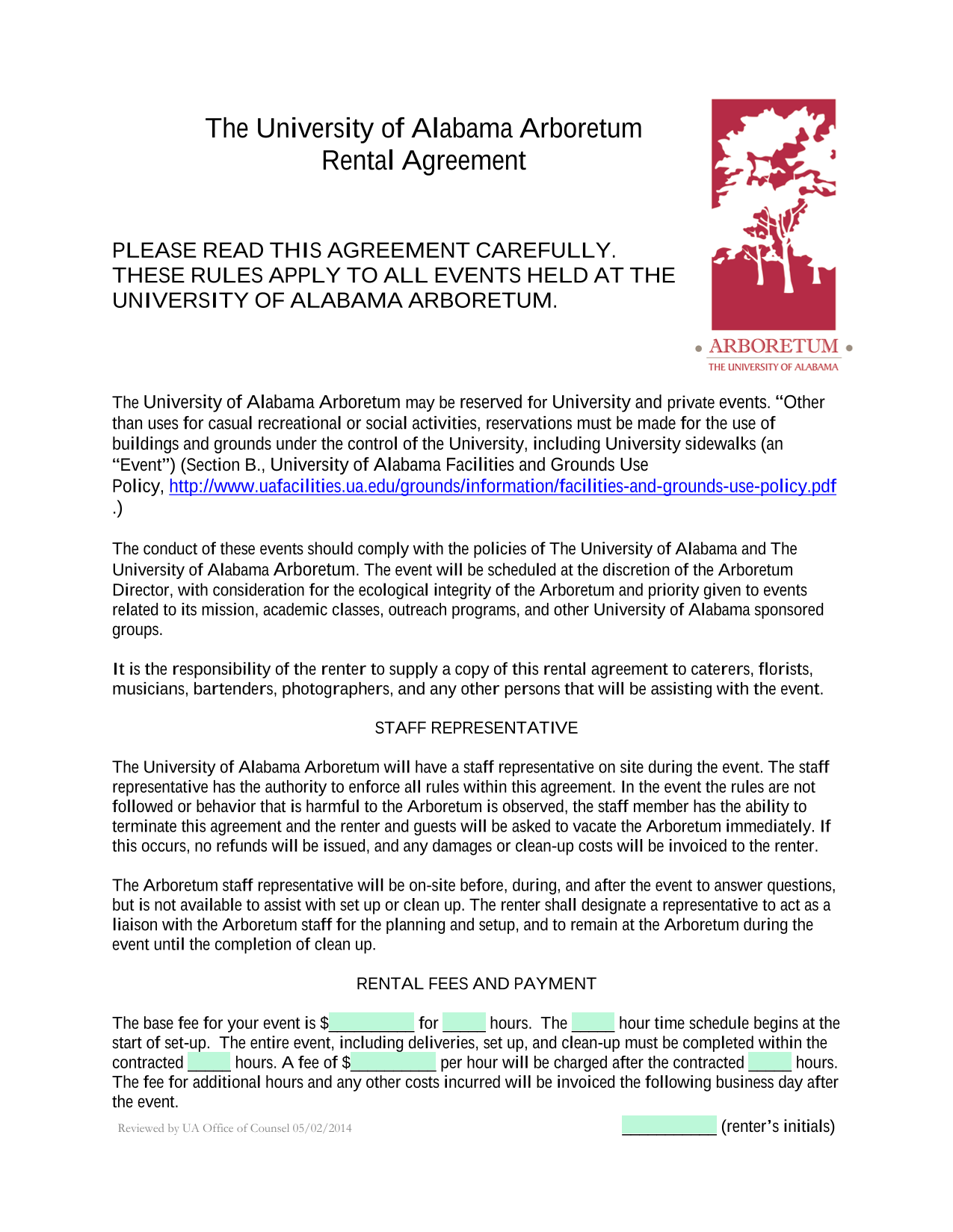 University Of Alabama Arboretum Rental Agreement screenshot