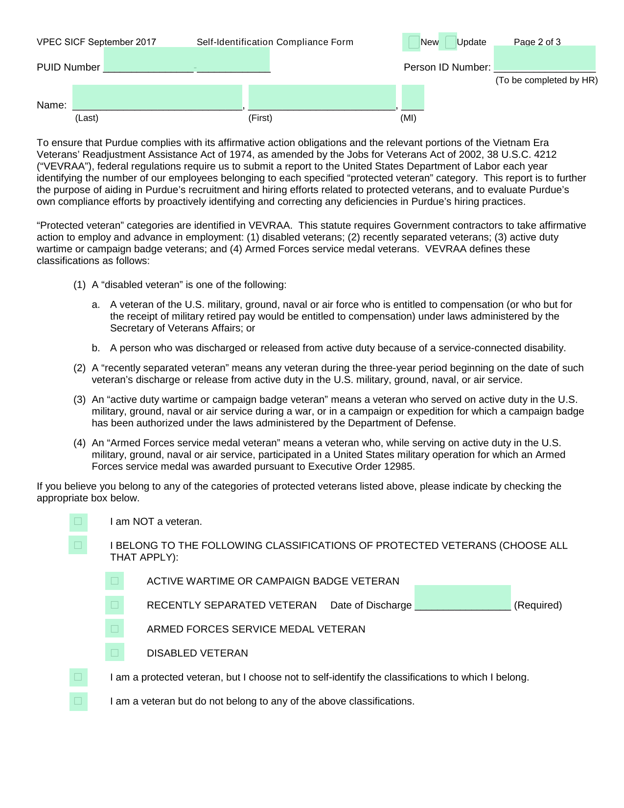 VPEC SICF September 2017 Self Identification Compliance Form screenshot