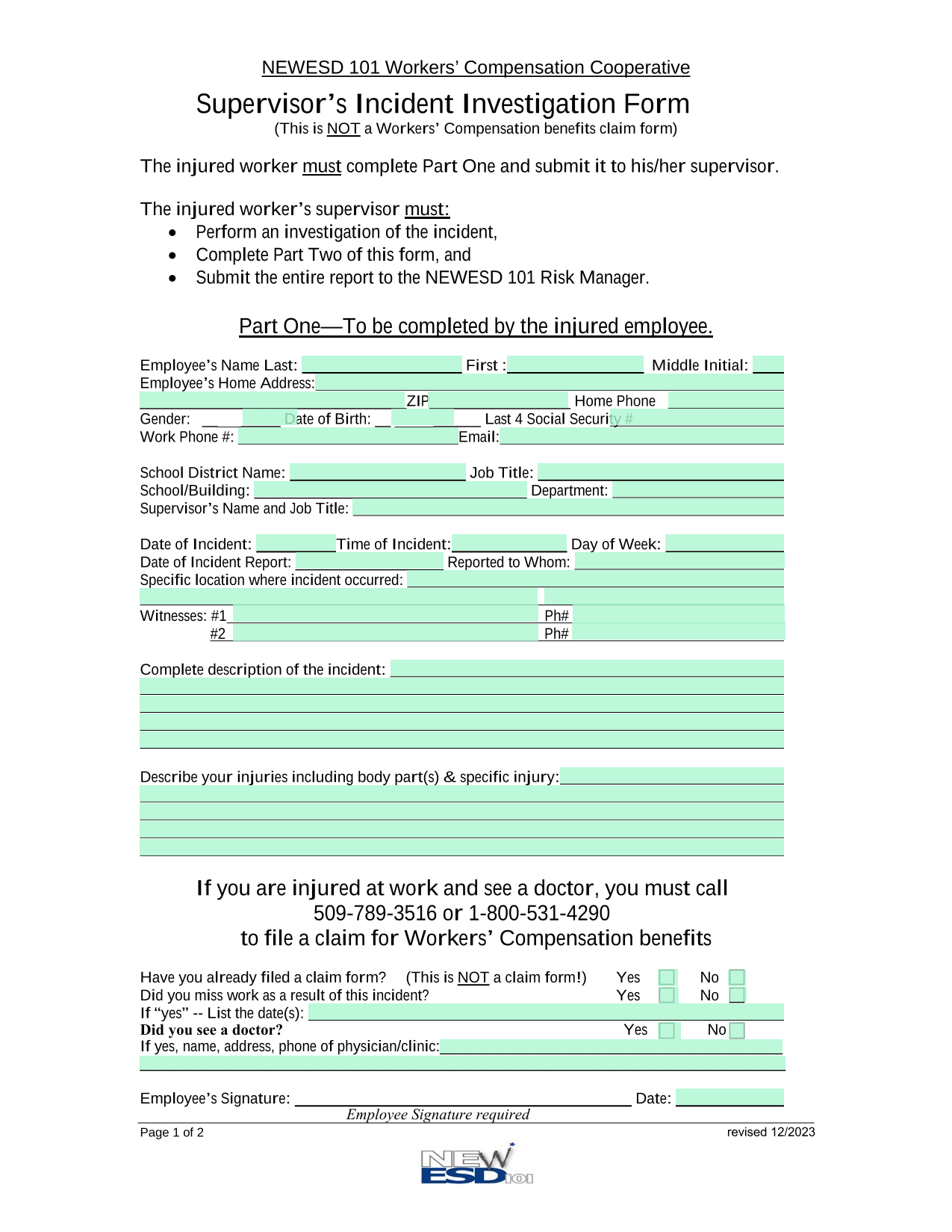 SupervisorS Incident Investigation Form screenshot