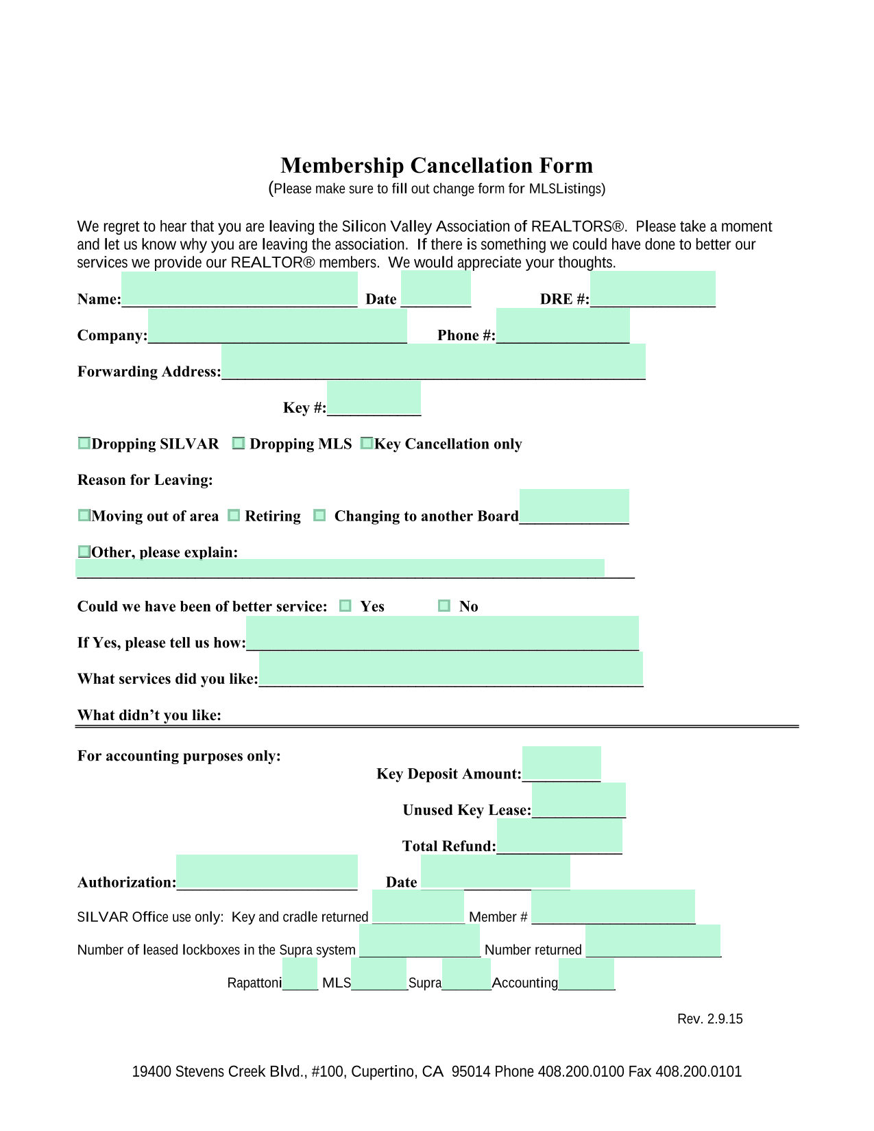 Membership Cancellation Form screenshot