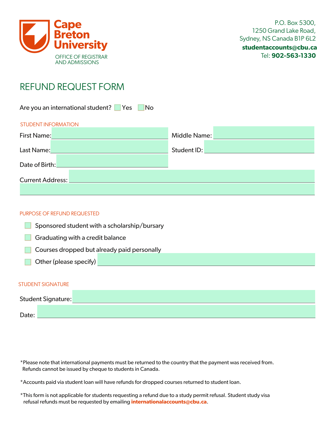 Refund Request Form screenshot