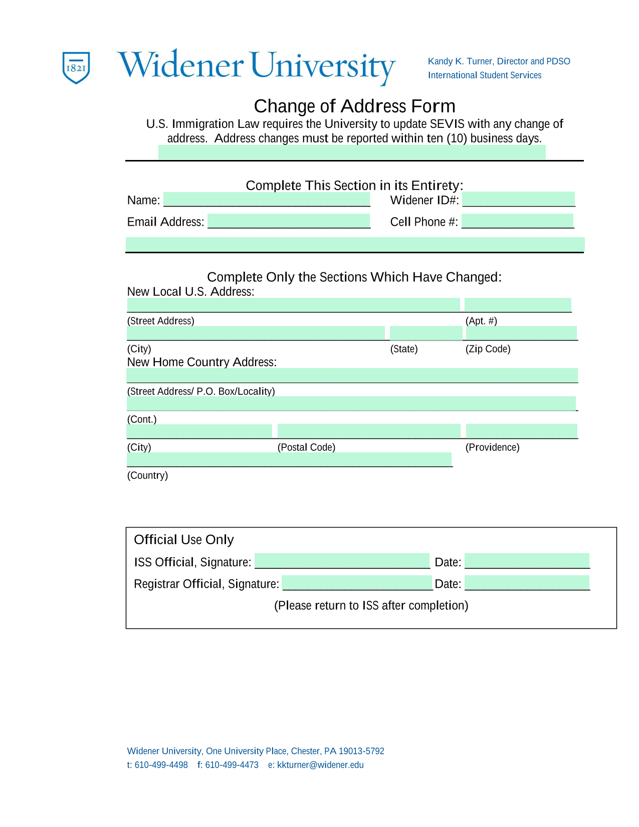 Change Of Address Form screenshot