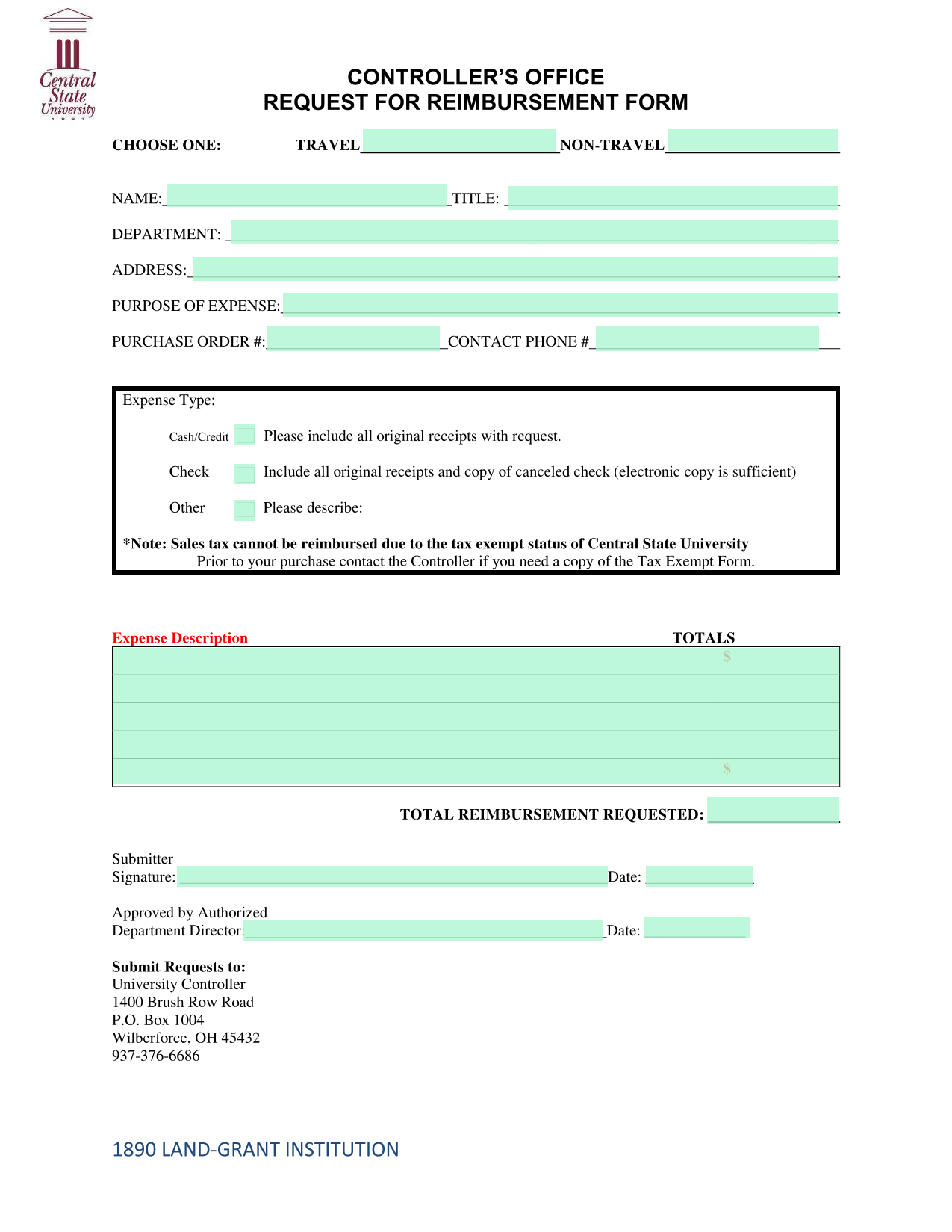 REQUEST FOR REIMBURSEMENT FORM screenshot