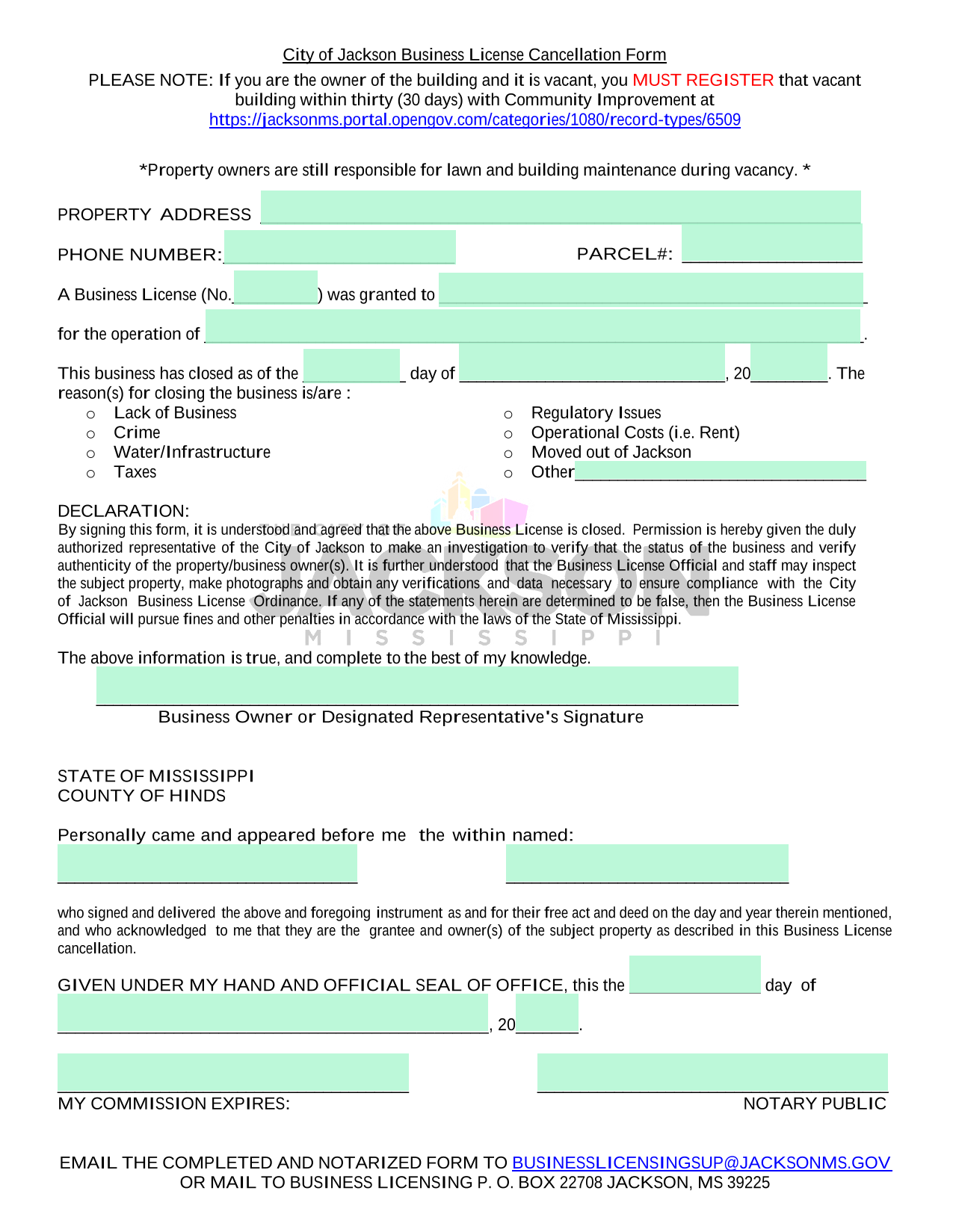 City Of Jackson Business License Cancellation Form screenshot