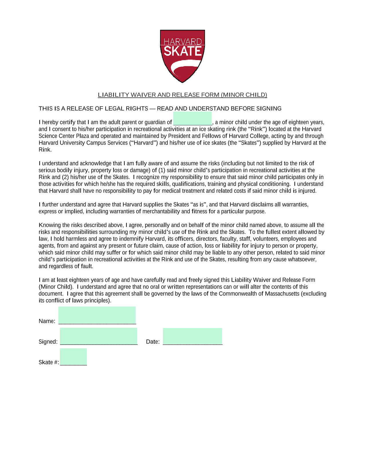 Liability Waiver And Release Form (Minor Child) screenshot