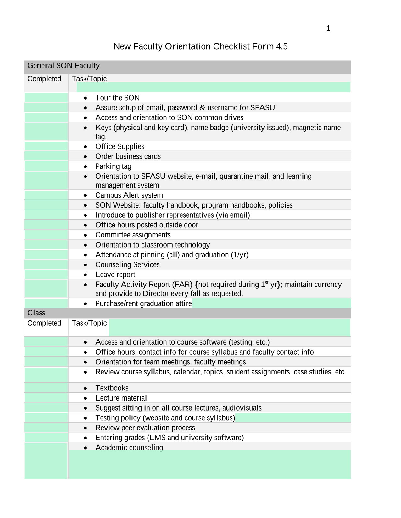 New Faculty Orientation Checklist Form 4.5 screenshot