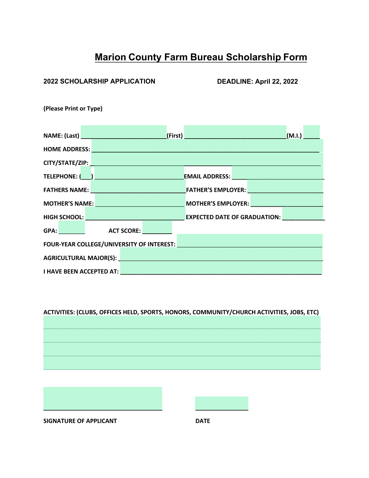 Marion County Farm Bureau Scholarship Form screenshot