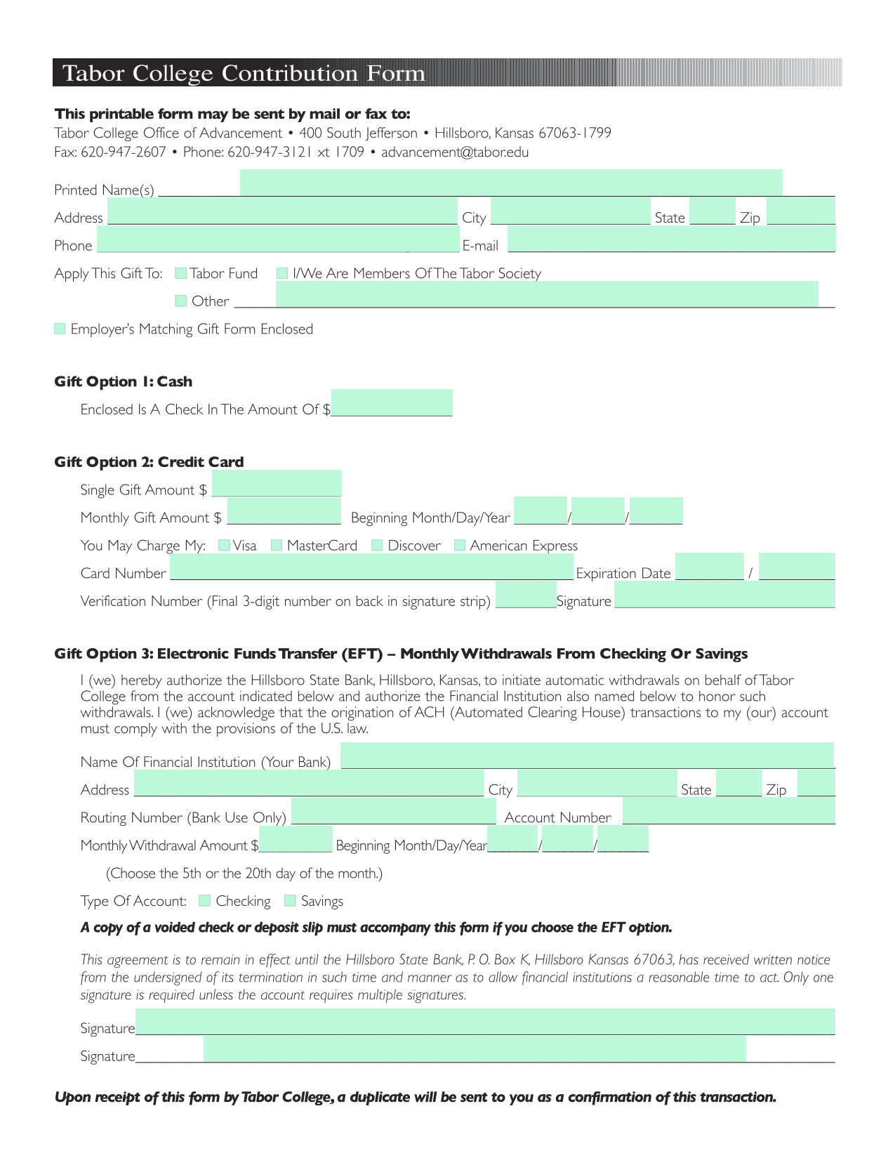 Tabor College Contribution Form screenshot