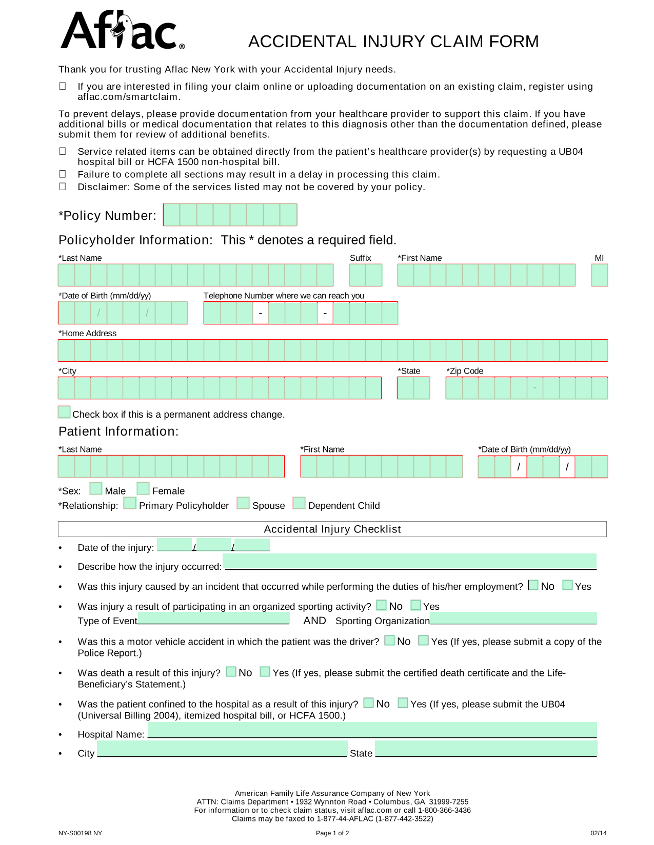 Accidental Injury Claim Form screenshot