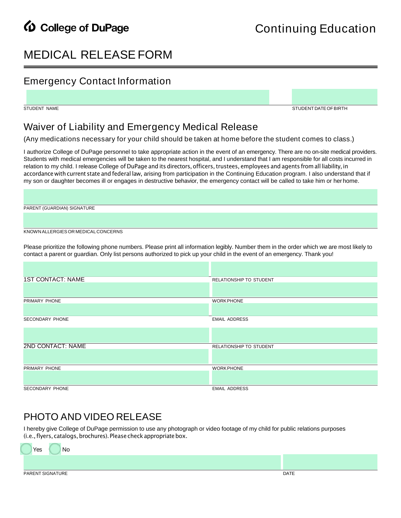 Medical Release Form screenshot