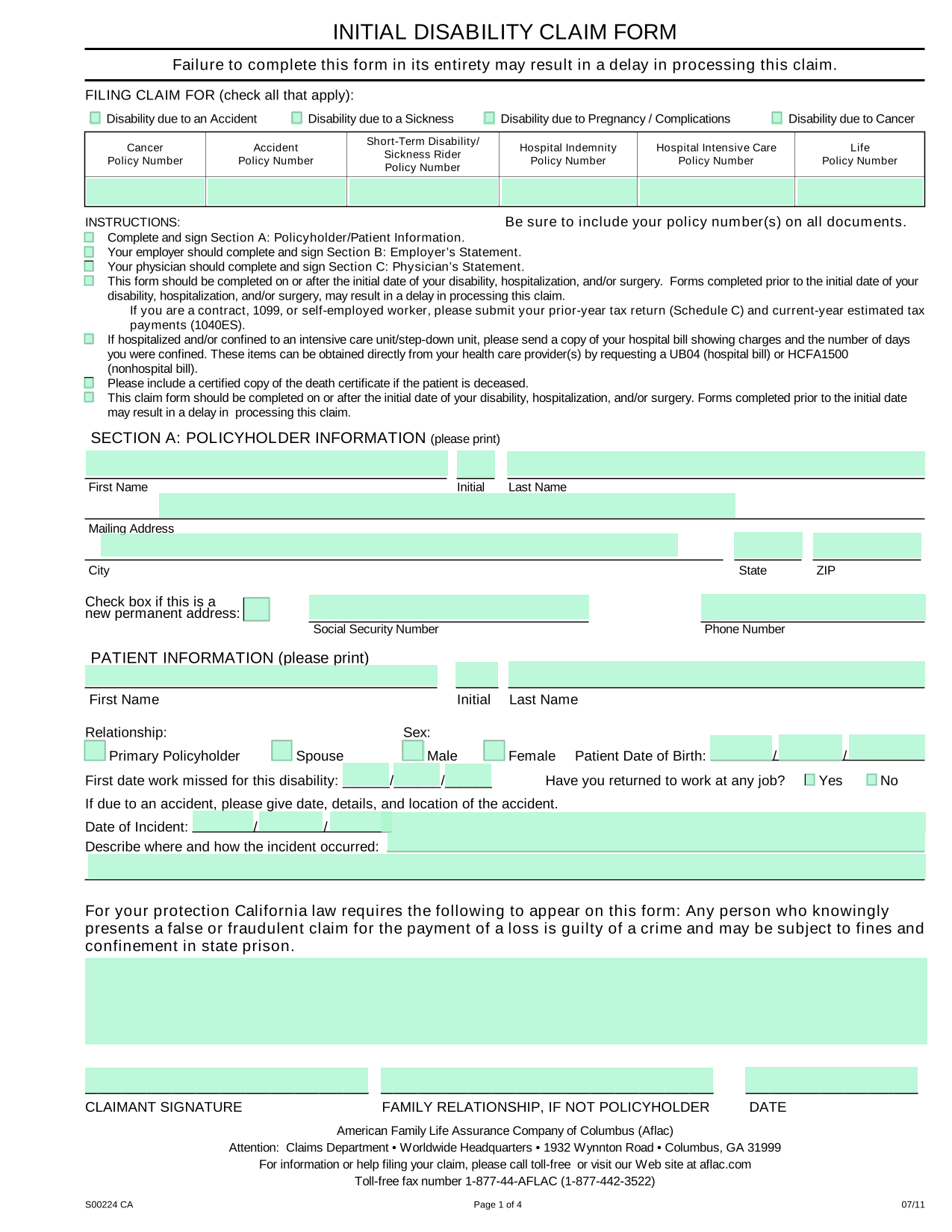 Initial Disability Claim Form screenshot