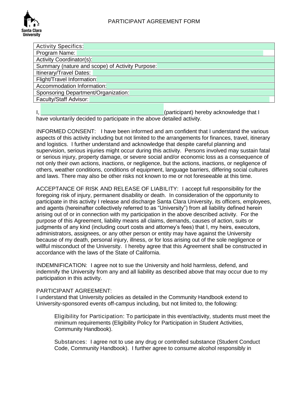 Participant Agreement Form screenshot