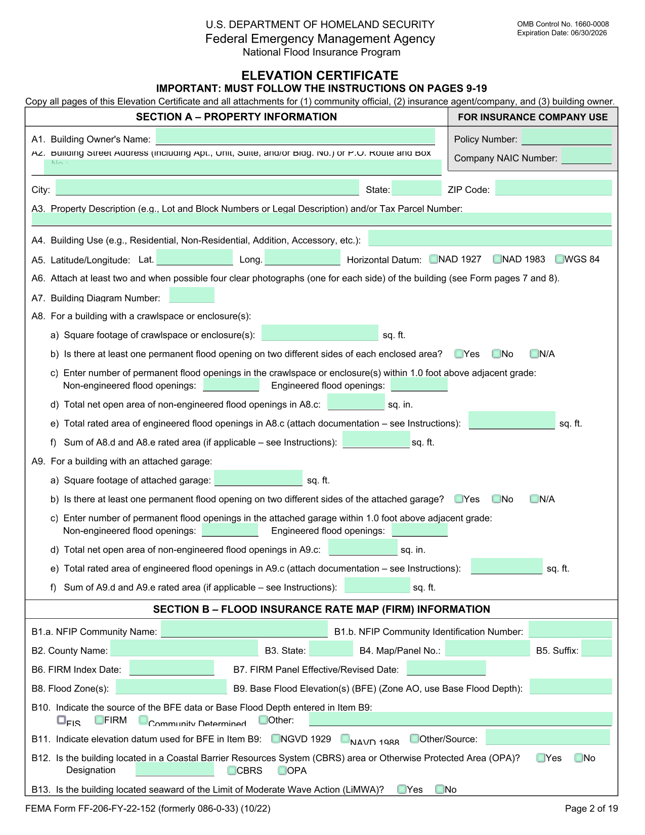 Flood Insurance Property Information Form screenshot