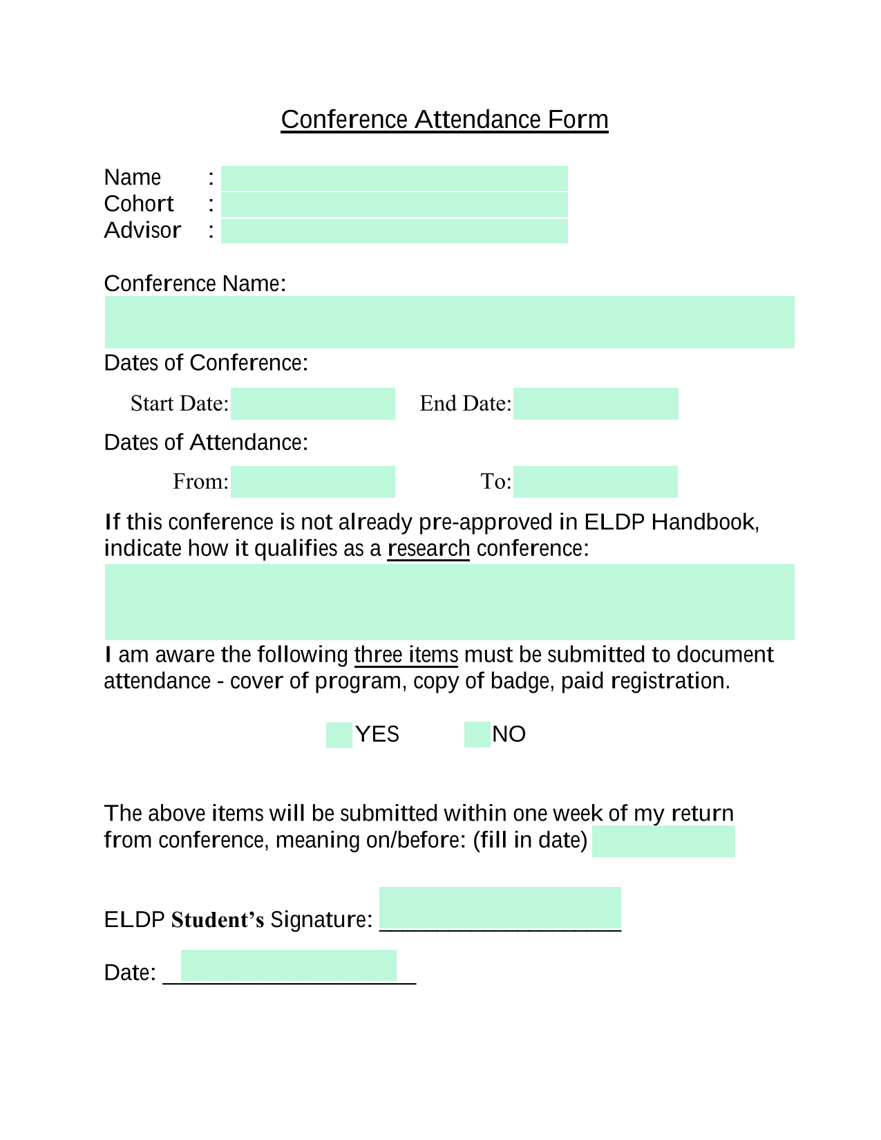 Conference Attendance Form screenshot