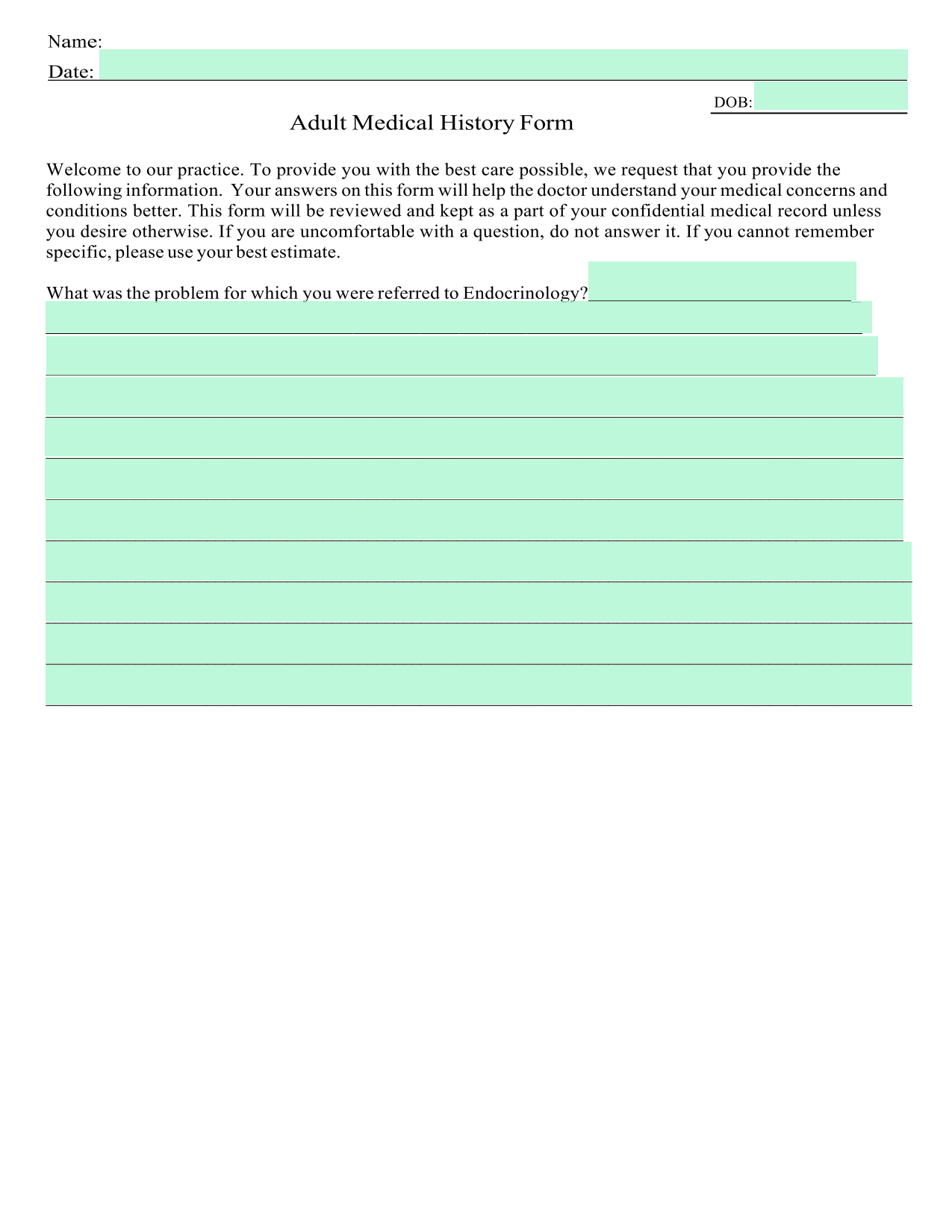 Adult Medical History Form screenshot
