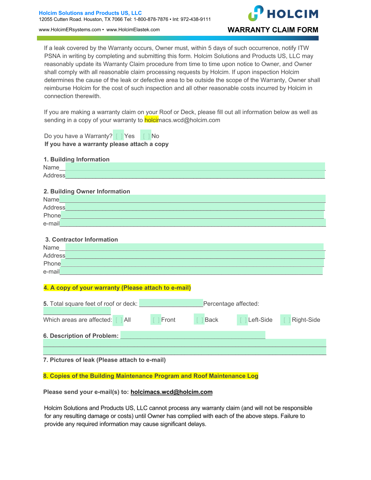 WARRANTY CLAIM FORM screenshot