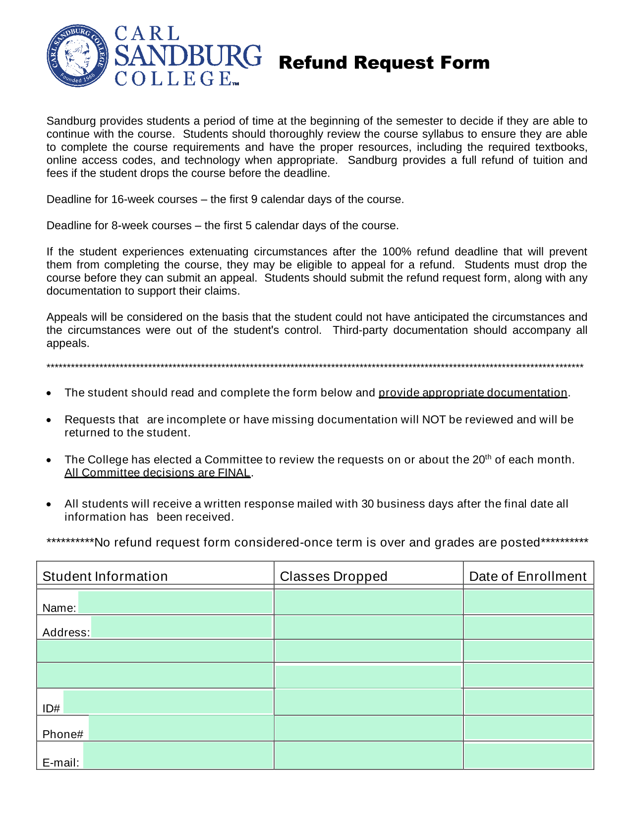 Refund Request Form screenshot