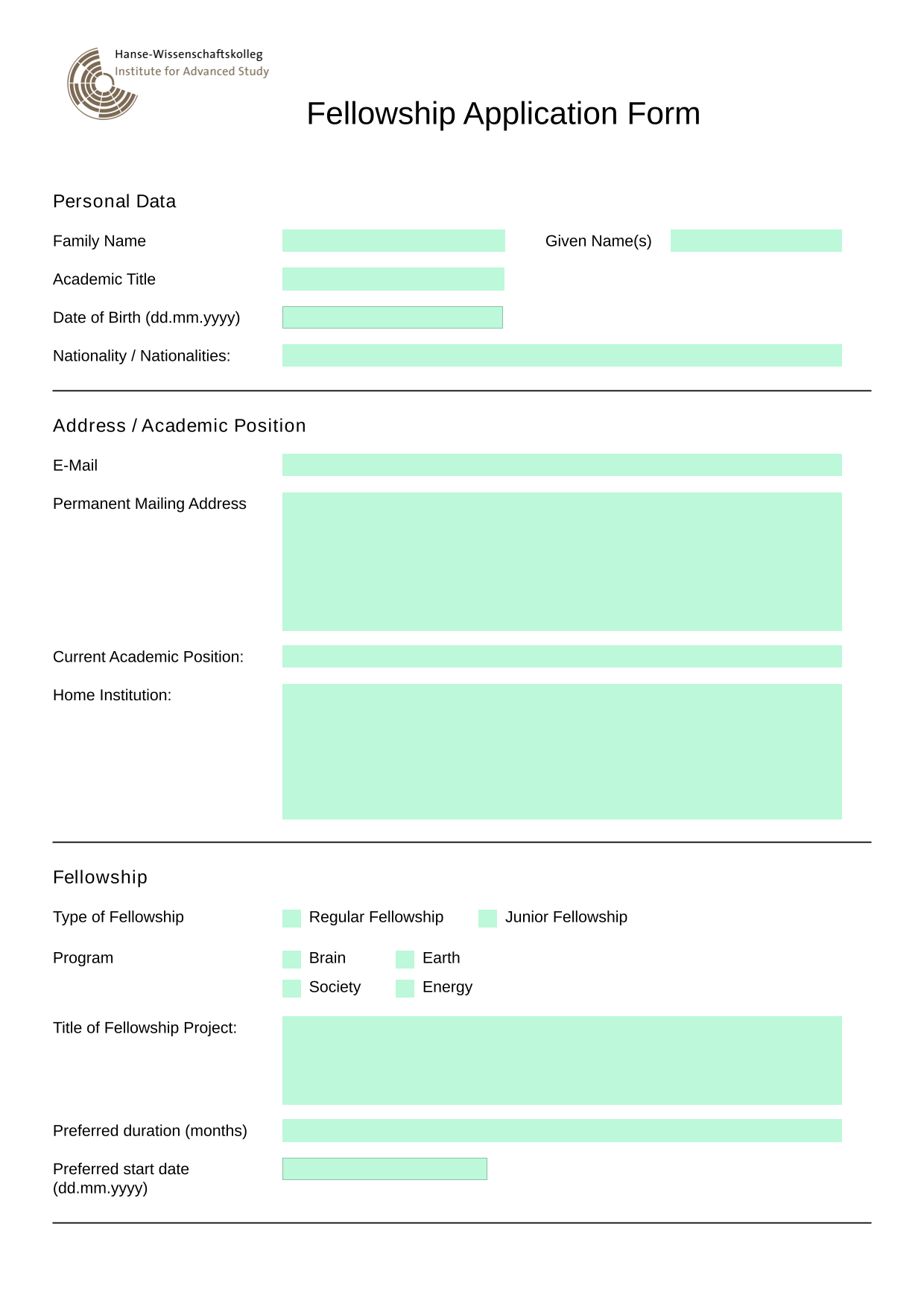 Fellowship Application Form screenshot