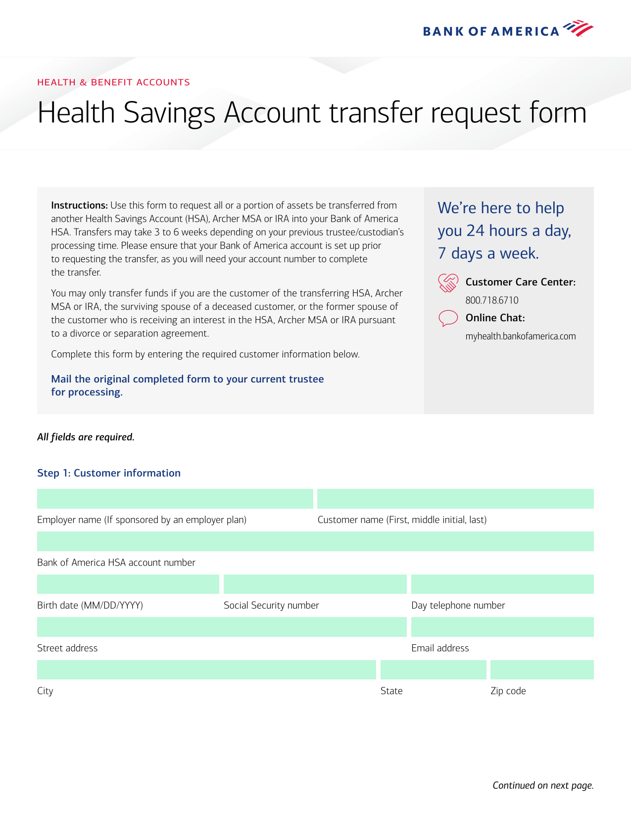 Health Savings Account Transfer Request Form screenshot