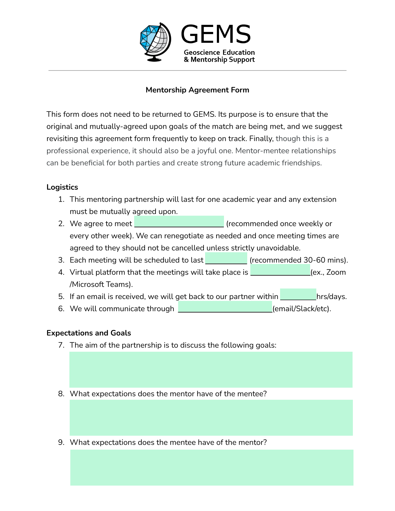 Mentorship Agreement Form screenshot
