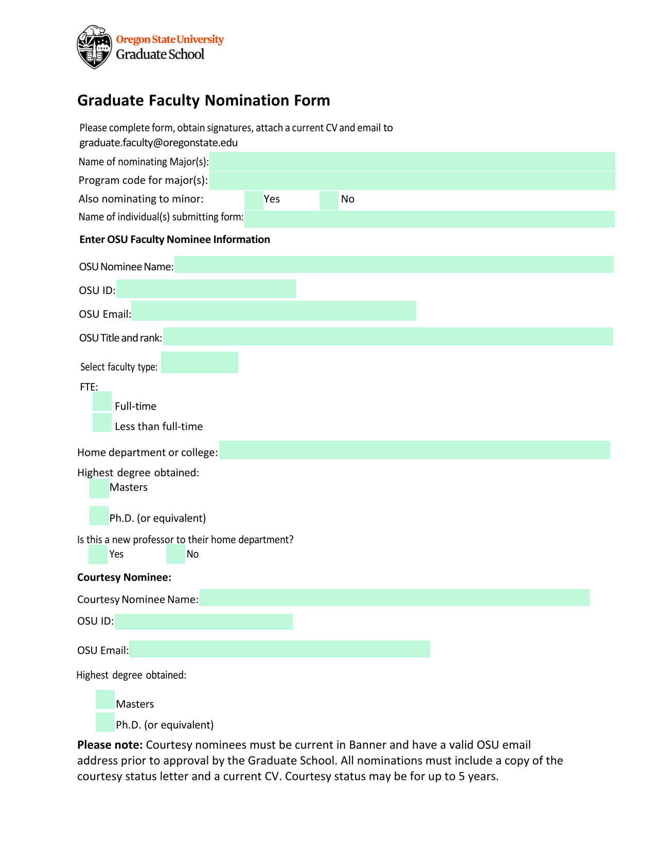 Graduate Faculty Nomination Form screenshot