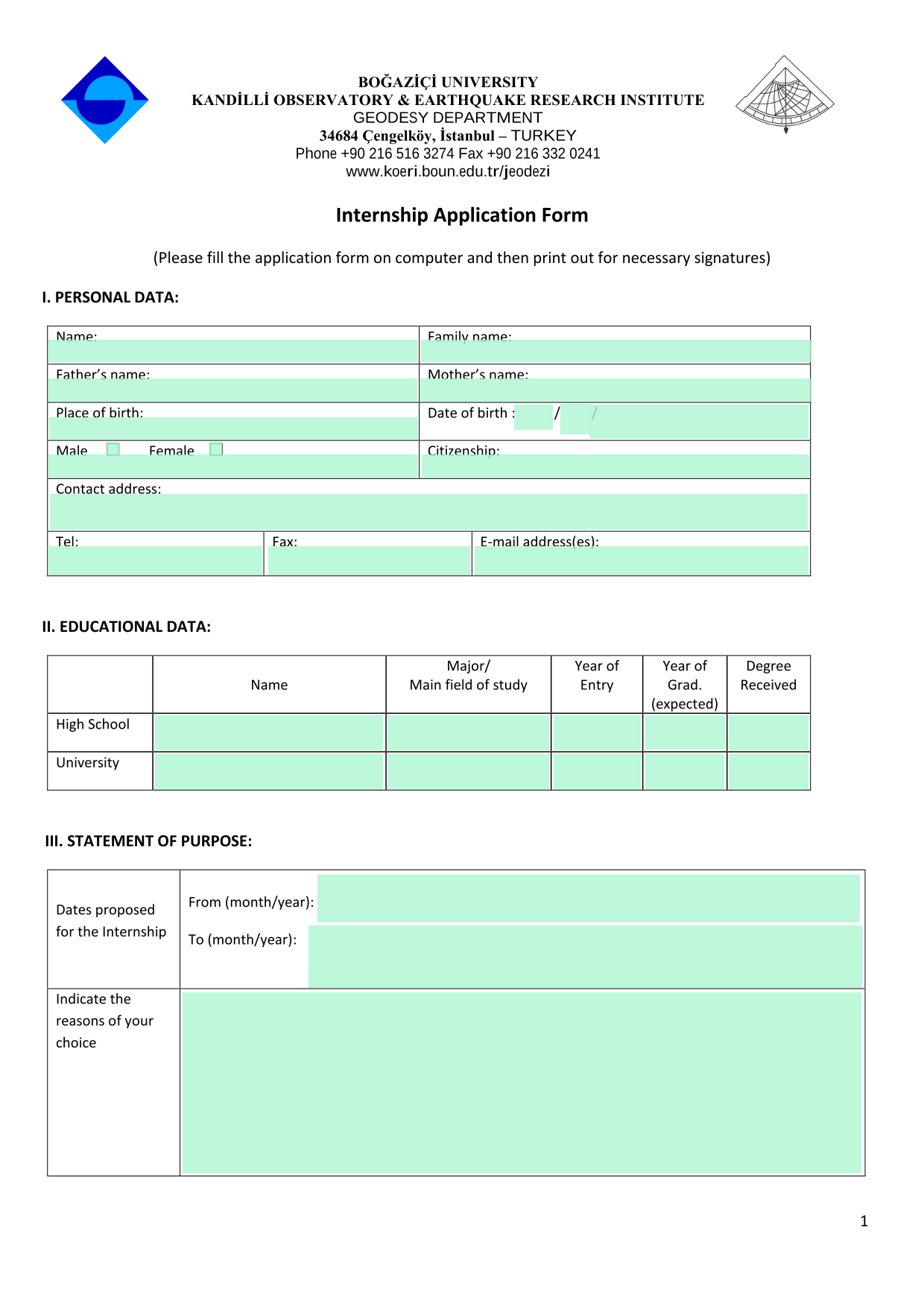 Internship Application Form screenshot