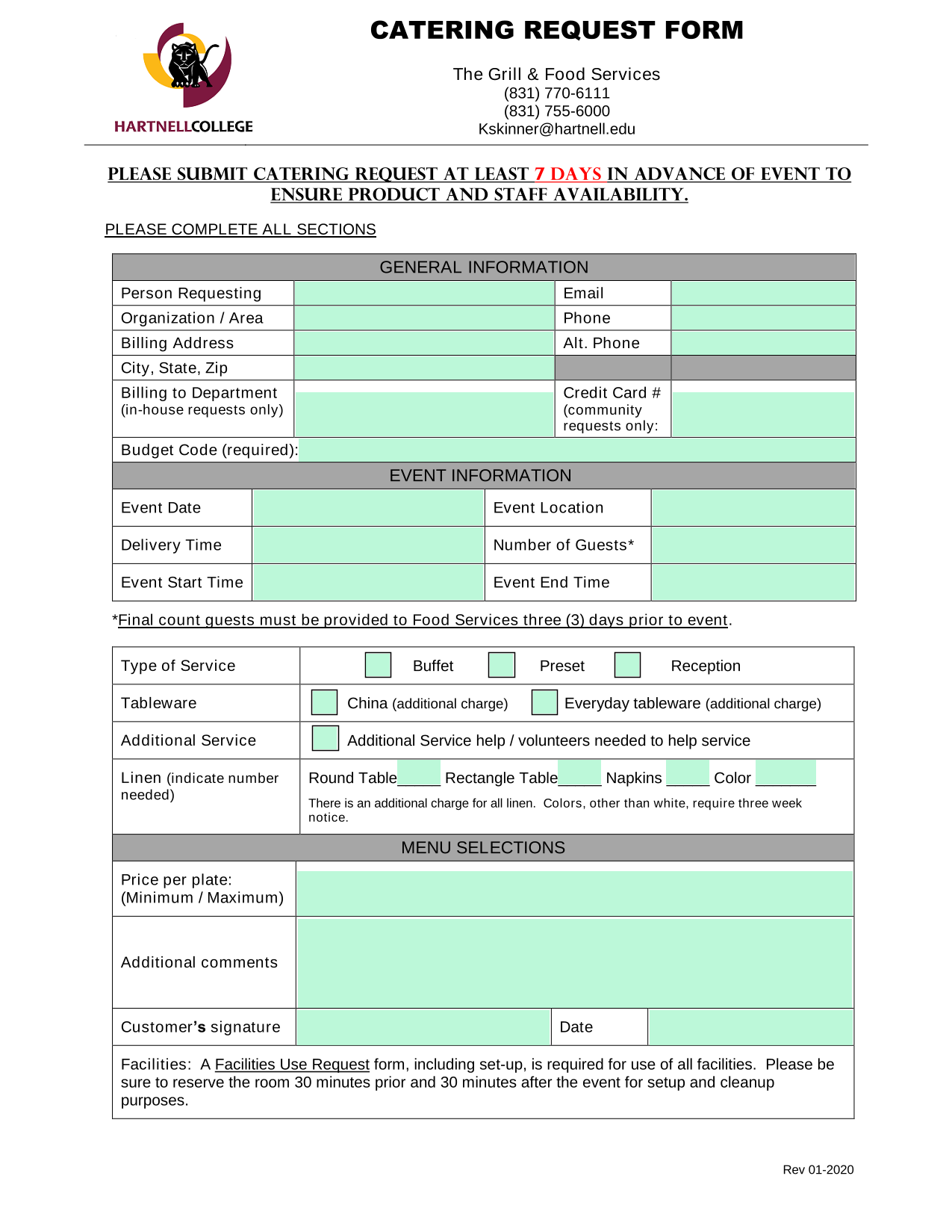 CATERING REQUEST FORM screenshot