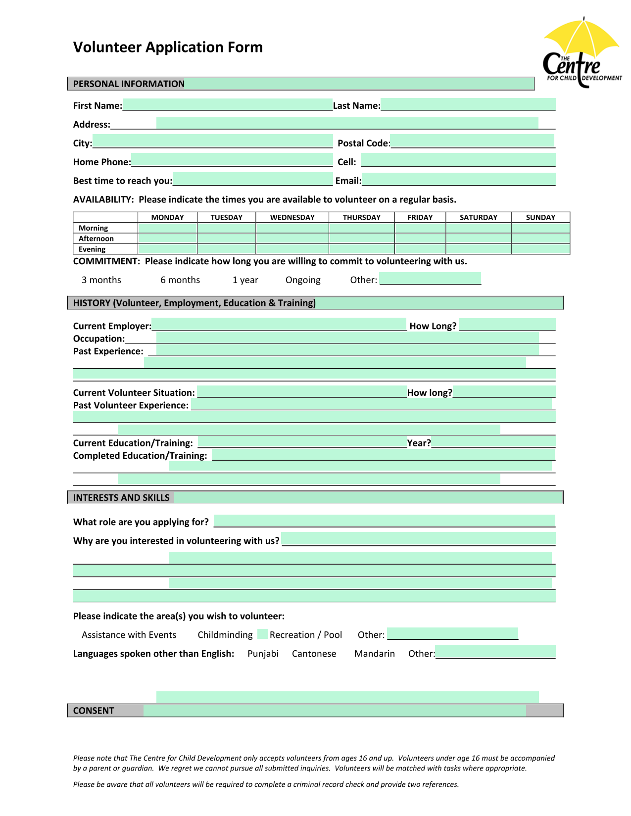Volunteer Application Form screenshot