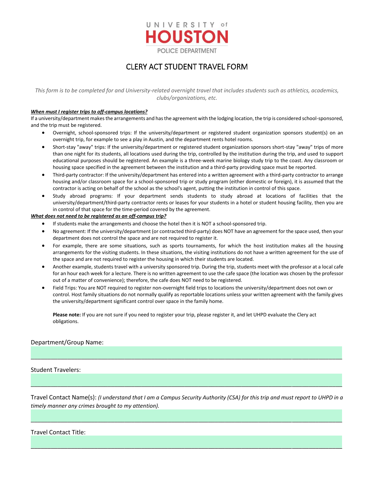 Clery Act Student Travel Form screenshot
