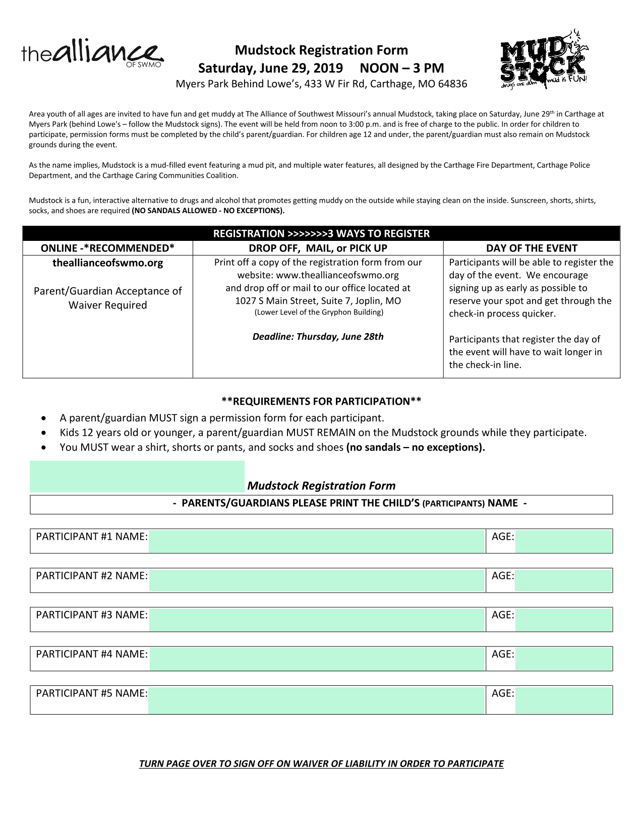 Mudstock Registration Form screenshot