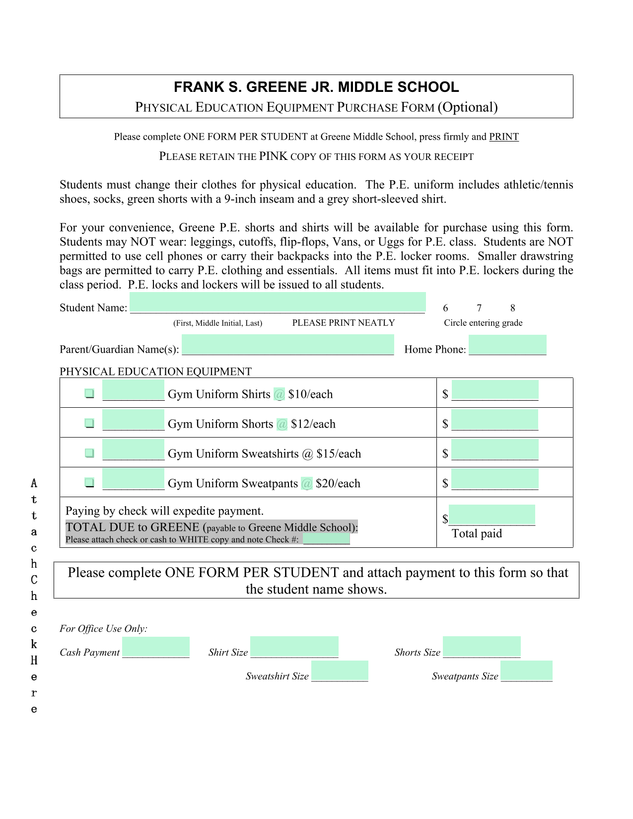 PHYSICAL EDUCATION EQUIPMENT PURCHASE FORM screenshot