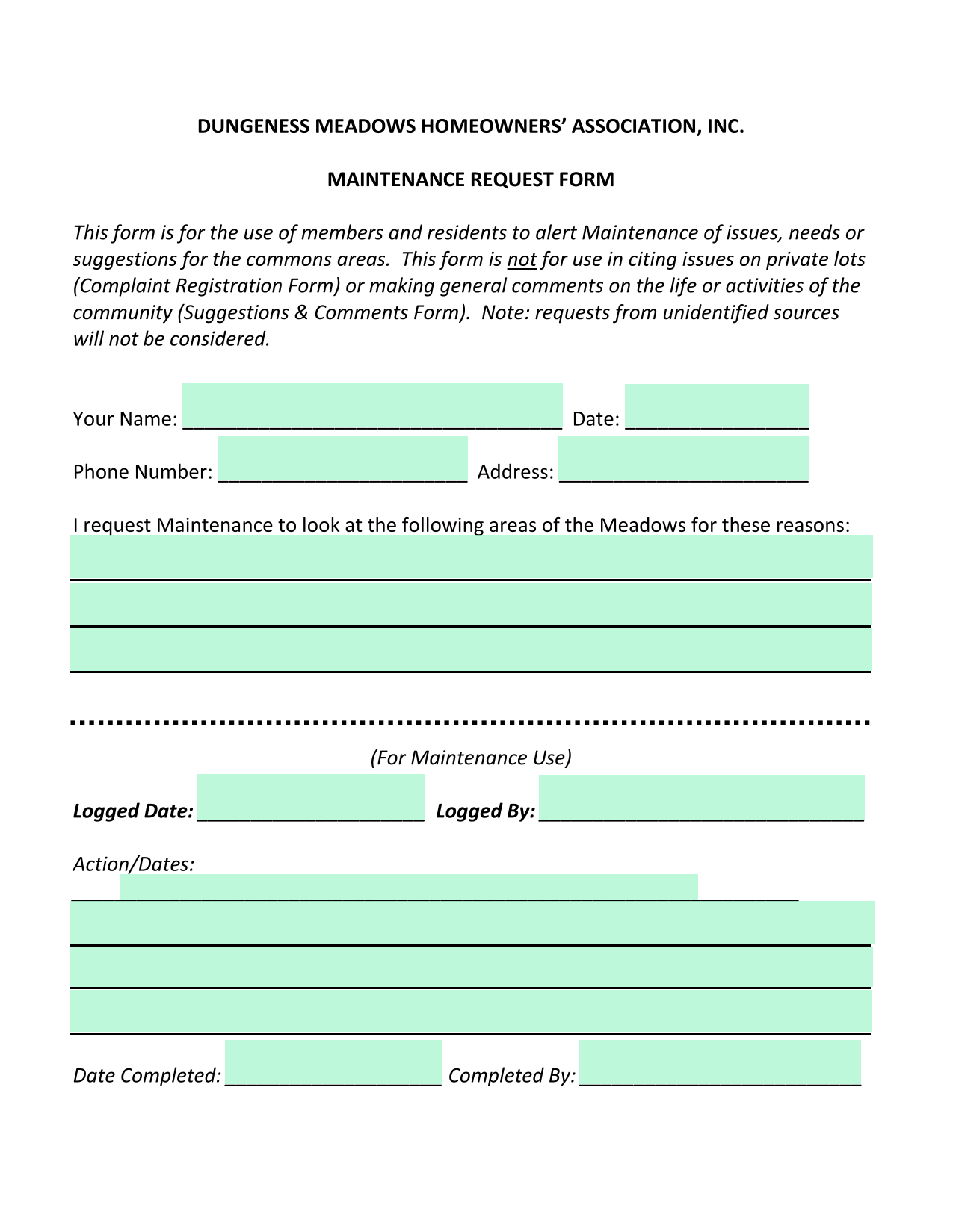 Maintenance Request Form screenshot