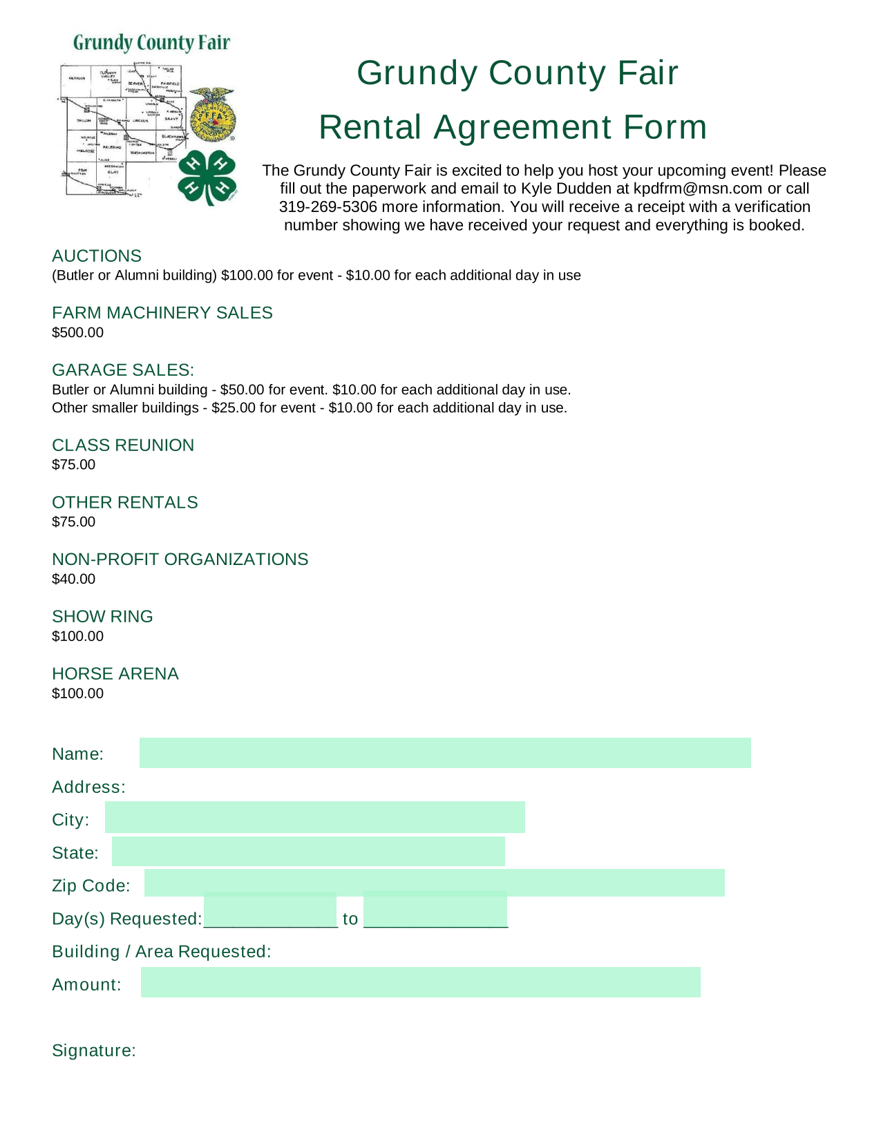 Grundy County Fair Rental Agreement Form screenshot