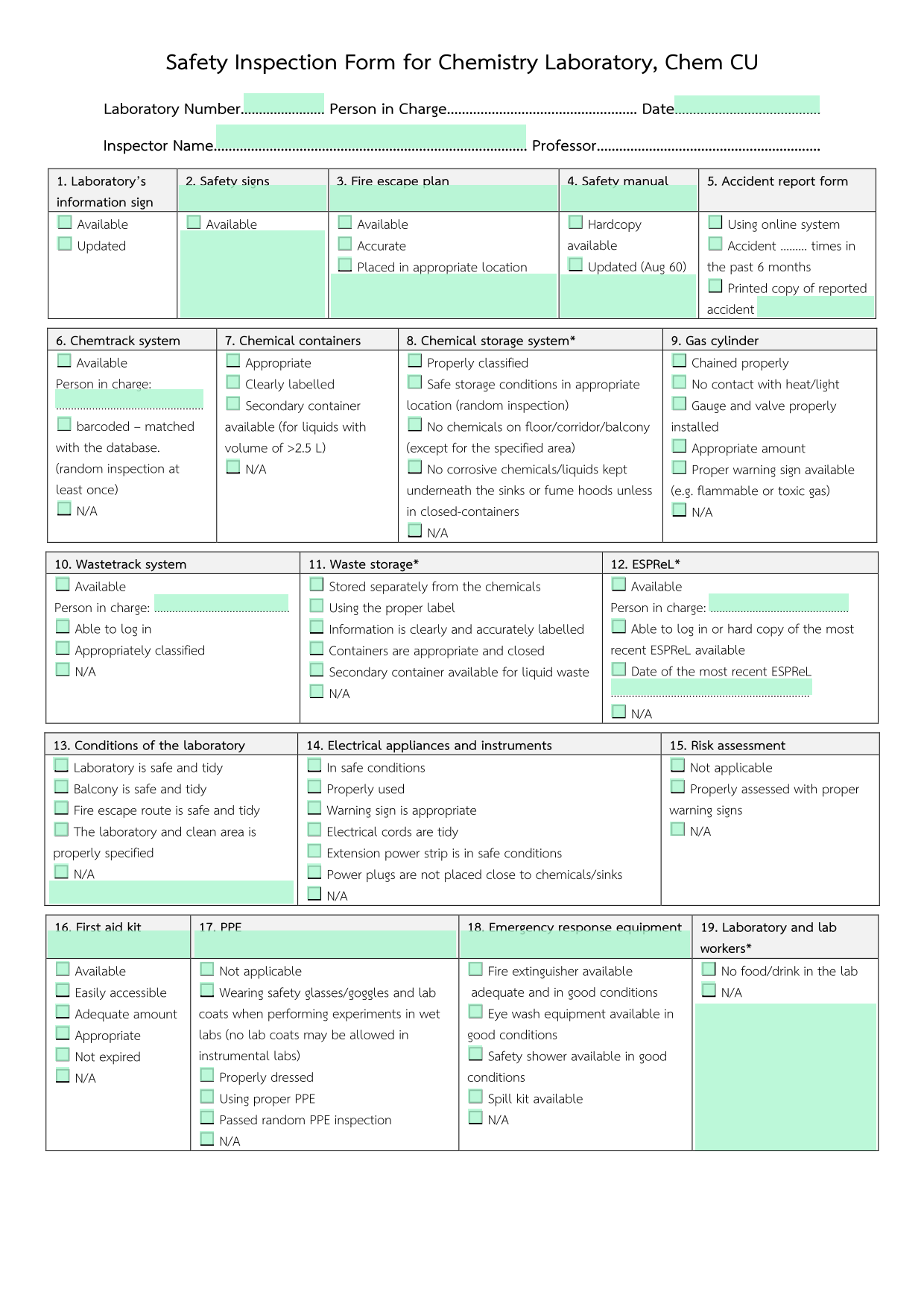 Safety Inspection Form For Chemistry Laboratory, Chem CU screenshot
