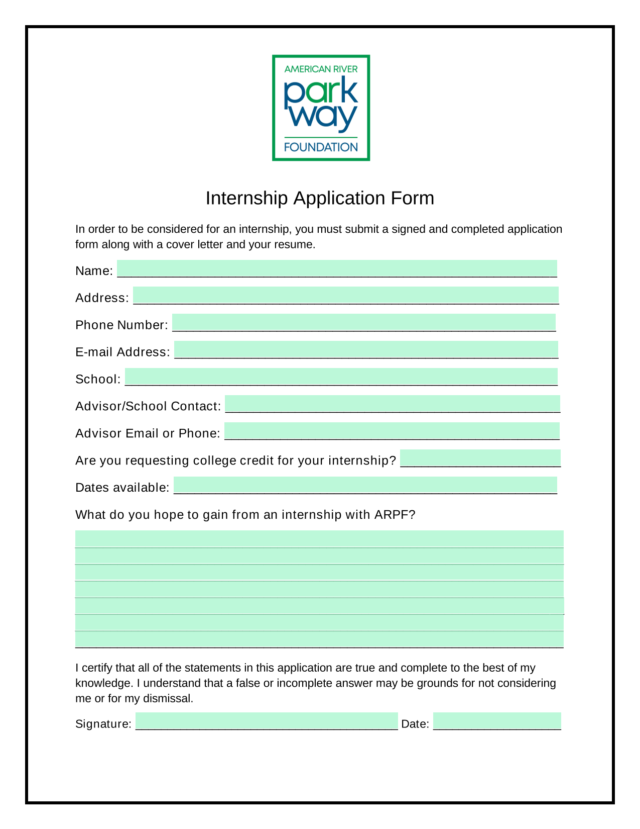 Internship Application Form screenshot