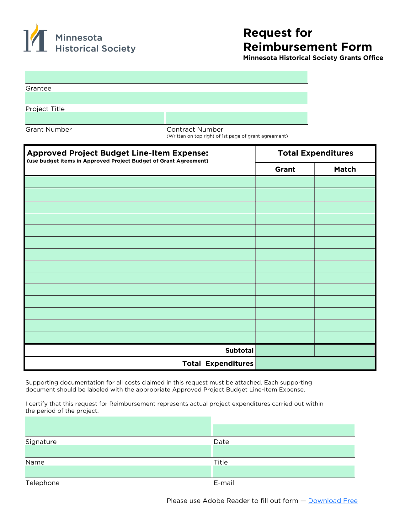 Request For Reimbursement Form screenshot