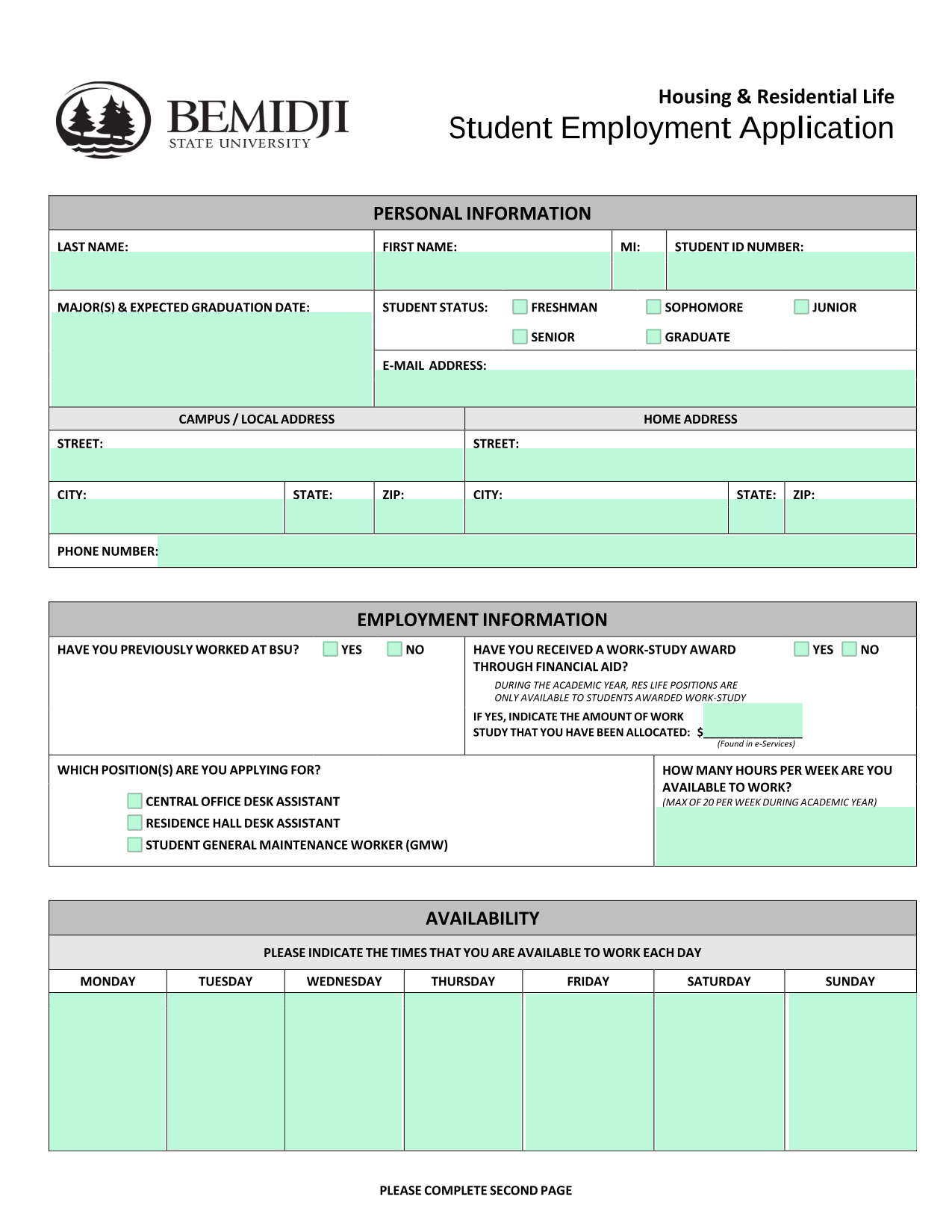 Student Employment Application screenshot