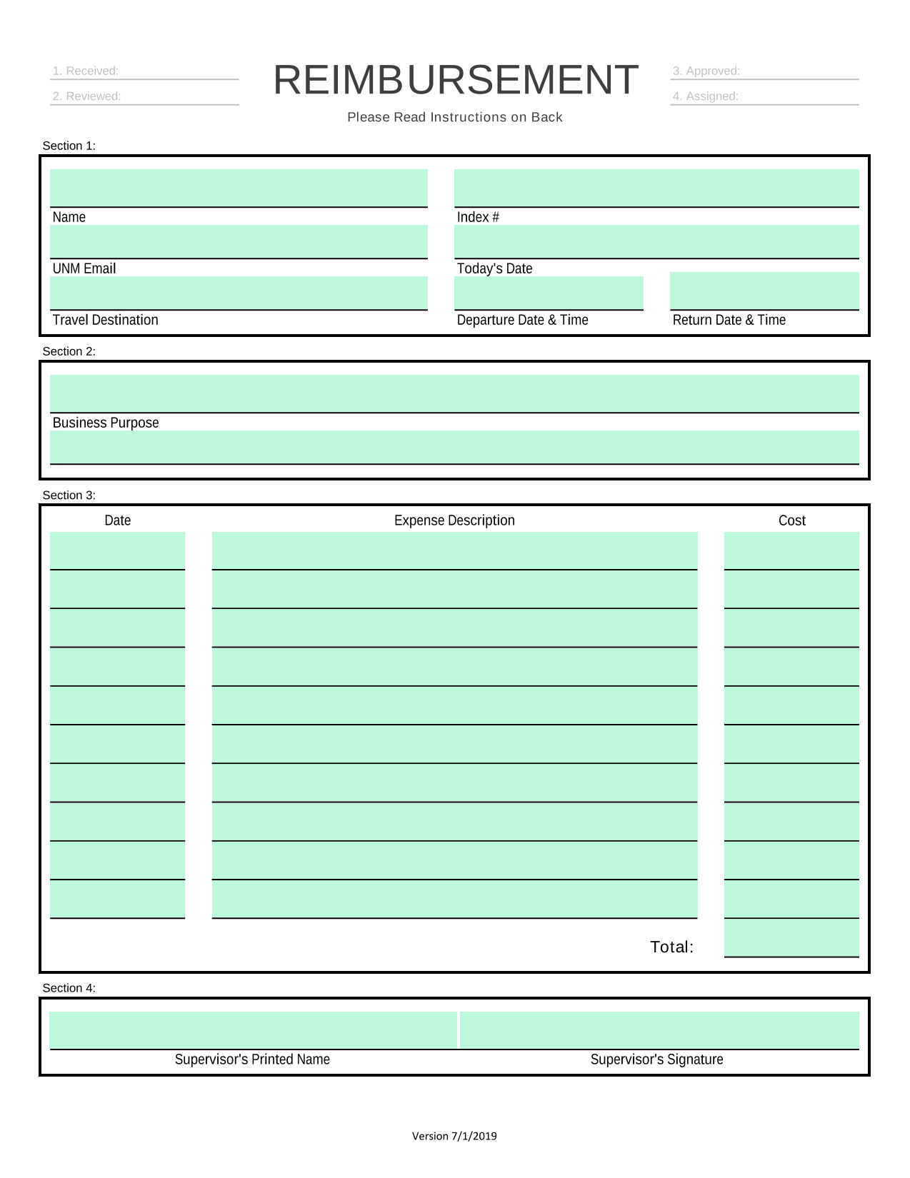 Travel Reimbursement Form screenshot
